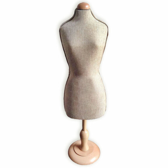 Mini Burlap Countertop Dress Form With Natural Wood 5