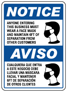 TIN SIGN MUST WEAR MASK FACE COVERING ENTERING BUSINESSES